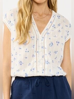 Lovestitch White & Blue Floral Button V-Neck Top